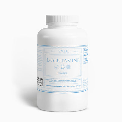 Bottle of L-Glutamine powder with a white label on a white background