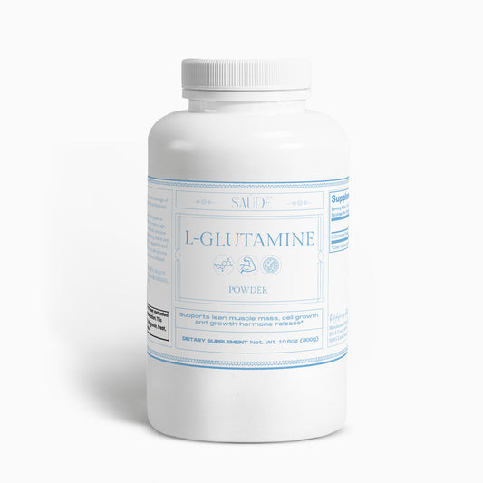 Bottle of L-Glutamine powder with a white label on a white background